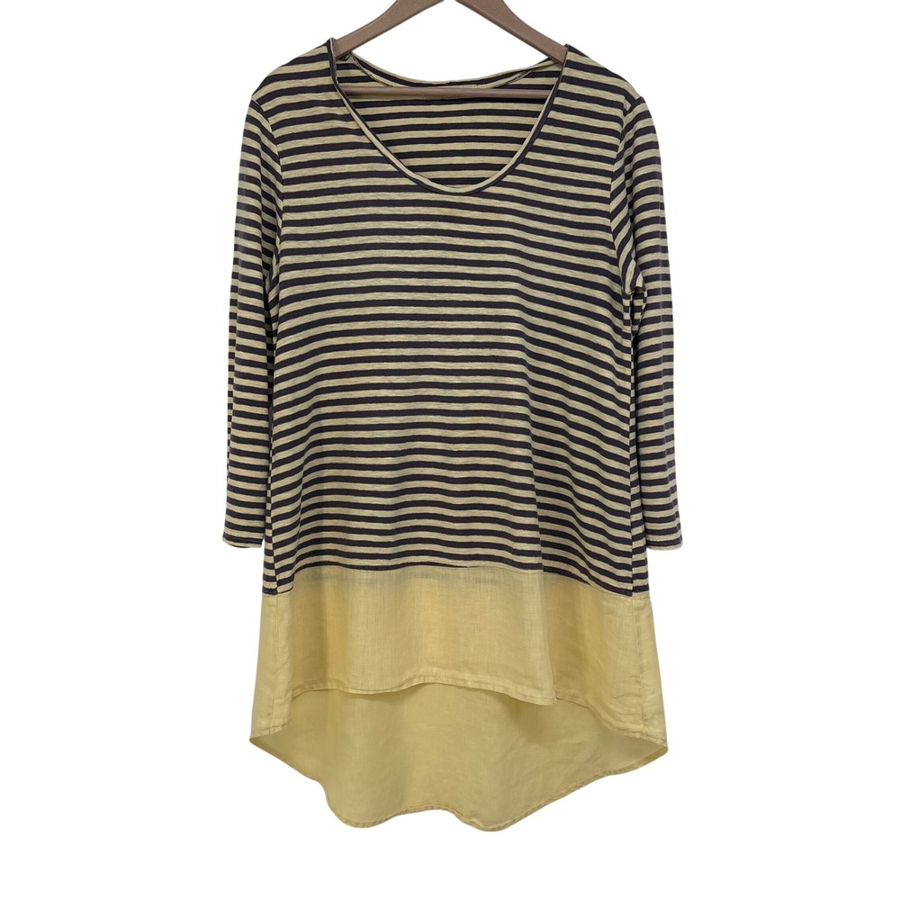 Cut Loose Striped Linen Blend High Low Tunic Top Navy Yellow L Lagenlook